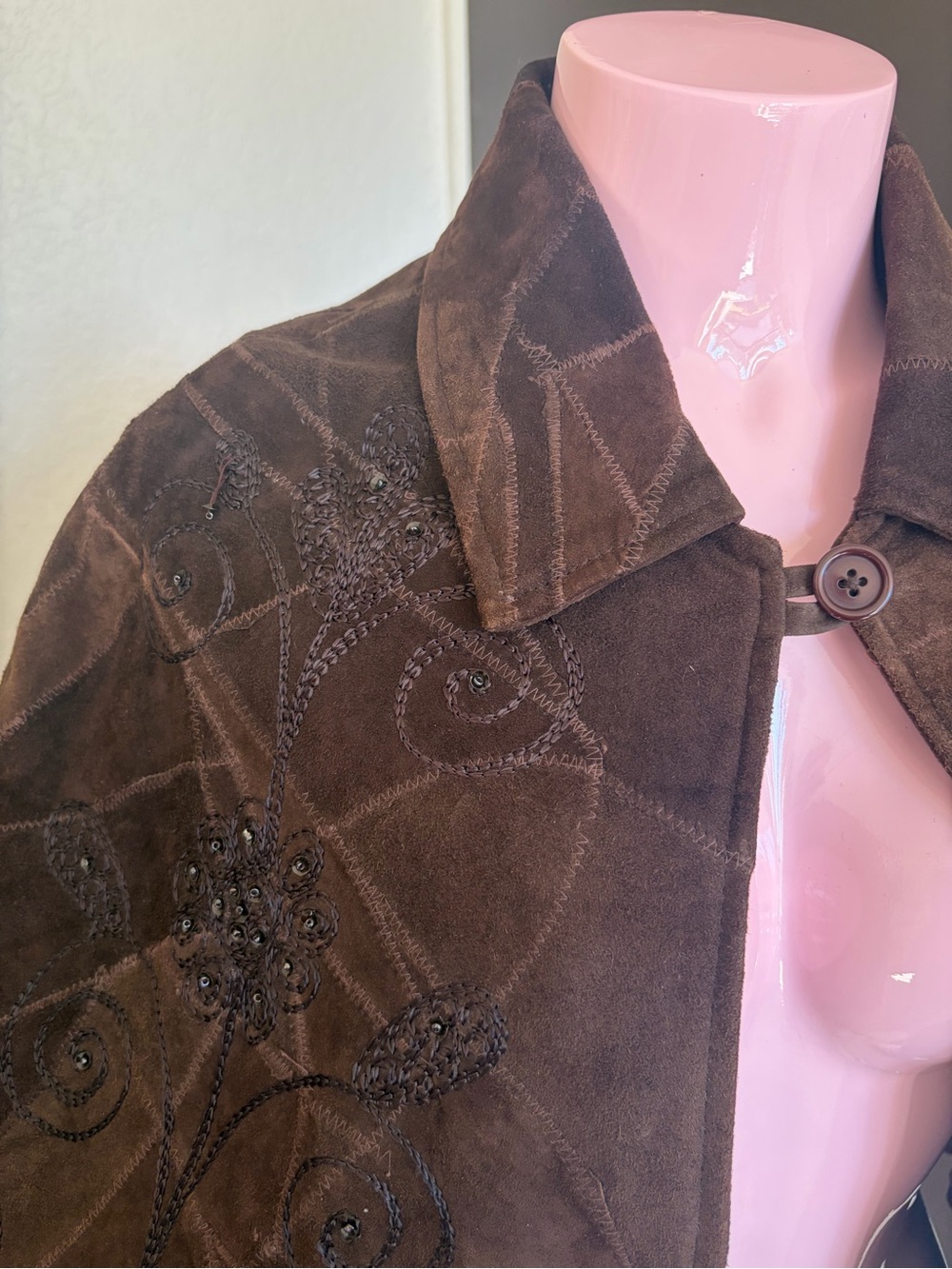 Women's Brown Beaded Suede cape/poncho - Picture 2 of 5